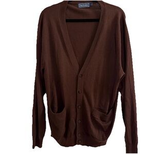 Paul Fredrick Mens Brown V Neck Cardigan Sweater L Silk Cotton Cashmere Blend